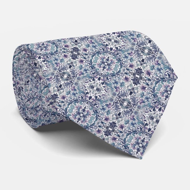 Blues, Purples, Teal & White Floral Pattern Tie (Rolled)