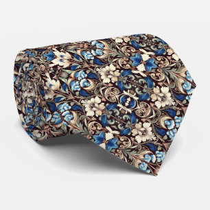 Blues, Sage, Cream, Brown & Black Floral Pattern	 Tie
