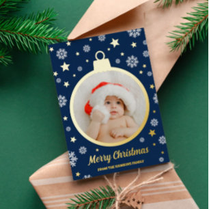 BlueSnowflakes & Gold Stars Merry Christmas Bauble Foil Holiday Card
