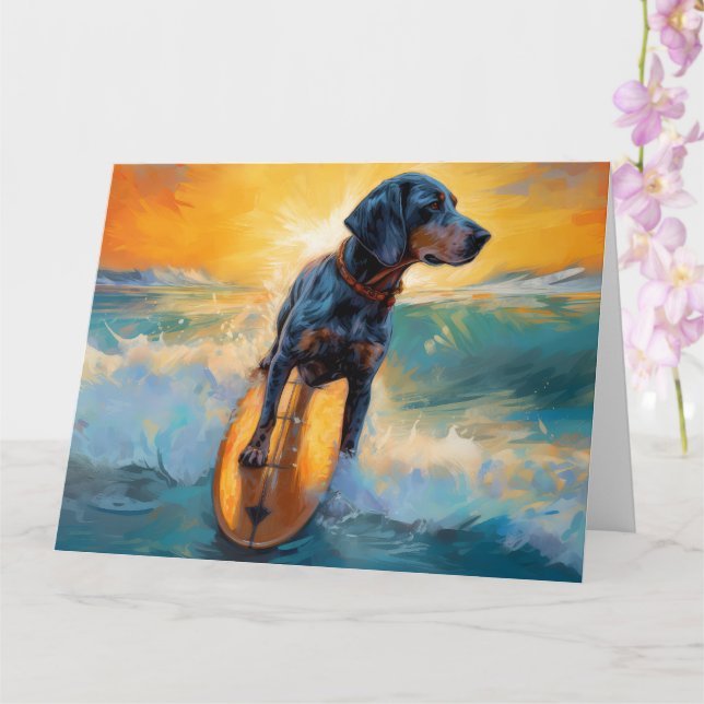 Bluetick Coonhound Beach Surfing Painting  Card (Orchid)