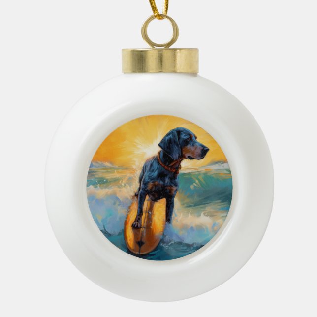 Bluetick Coonhound Beach Surfing Painting  Ceramic Ball Christmas Ornament (Front)