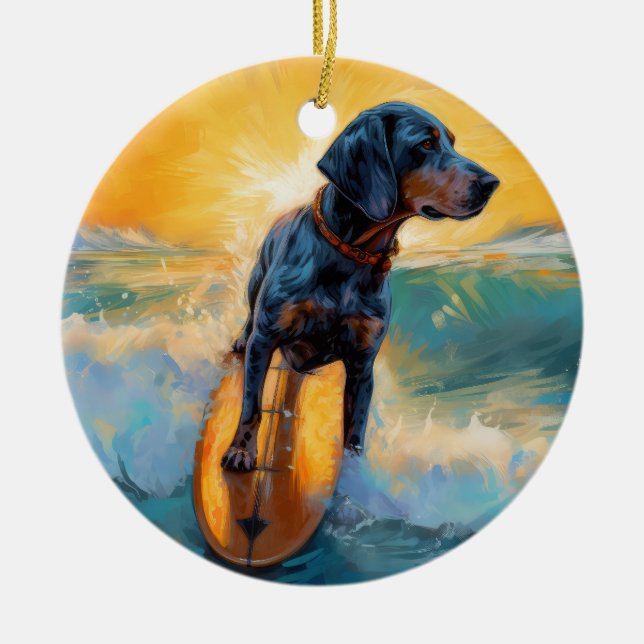 Bluetick Coonhound Beach Surfing Painting  Ceramic Ornament (Front)