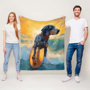 Bluetick Coonhound Beach Surfing Painting  Fleece Blanket