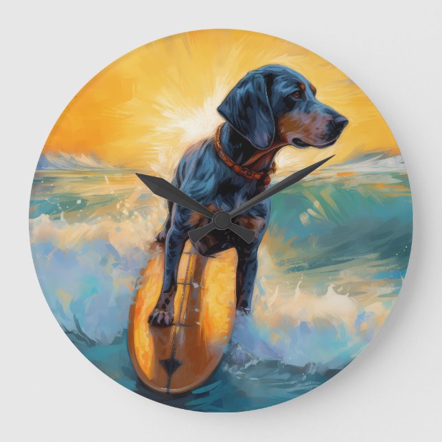Bluetick Coonhound Beach Surfing Painting  Large Clock (Front)