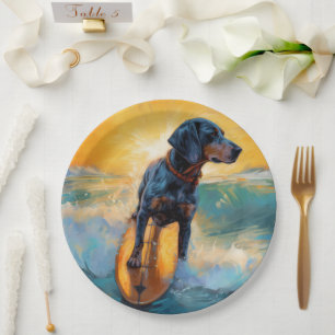 Bluetick Coonhound Beach Surfing Painting  Paper Plate