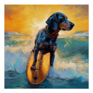 Bluetick Coonhound Beach Surfing Painting  Poster