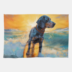 Bluetick Coonhound Beach Surfing Painting  Tea Towel