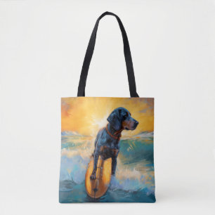 Bluetick Coonhound Beach Surfing Painting Tote Bag