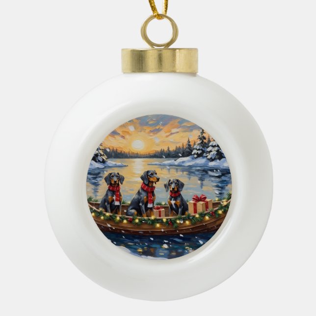 Bluetick Coonhound Christmas Boat Holiday Ceramic Ball Christmas Ornament (Front)