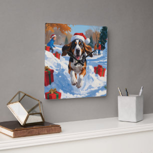 Bluetick Coonhound  Christmas Festive Snow Scene Square Wall Clock