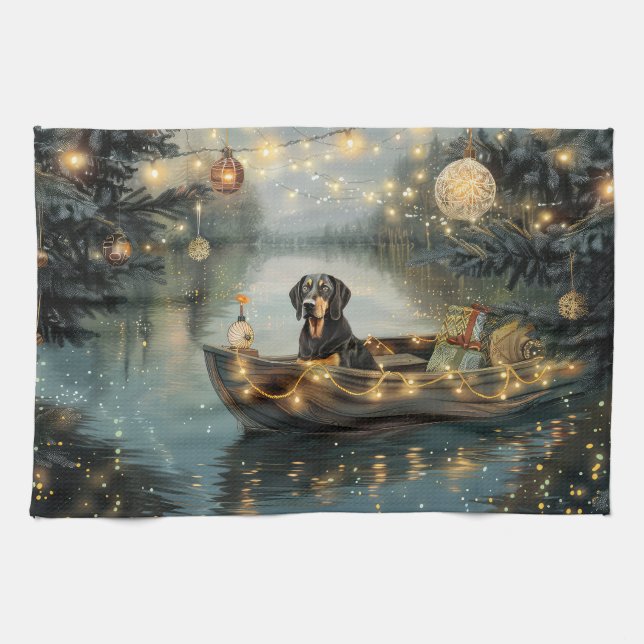 Bluetick Coonhound Christmas Festive Voyage Tea Towel (Horizontal)