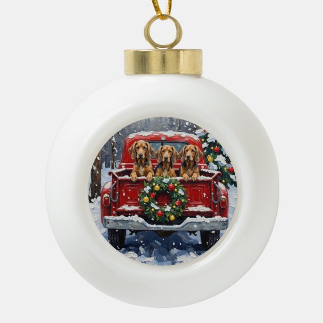 Bluetick Coonhound Christmas Red Truck Holiday Ceramic Ball Christmas Ornament (Front)