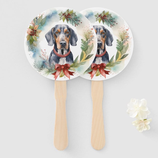 Bluetick Coonhound Christmas Wreath Festive Pup  Hand Fan (Front and Back)