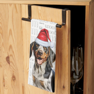 Bluetick Coonhound Dog in Santa Hat Woof Christmas Tea Towel