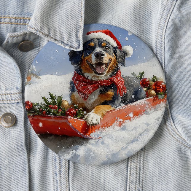Bluetick Coonhound Dog in Sledge Christmas 6 Cm Round Badge (In Situ)