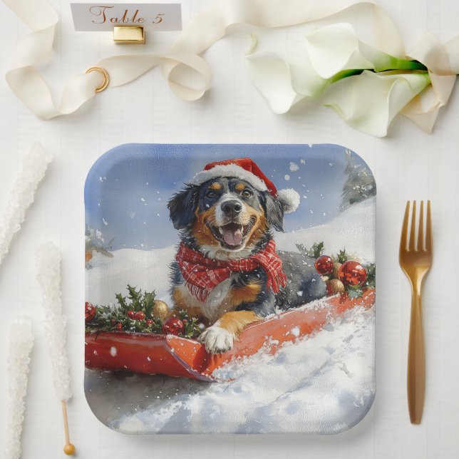 Bluetick Coonhound Dog in Sledge Christmas Paper Plate (Wedding)
