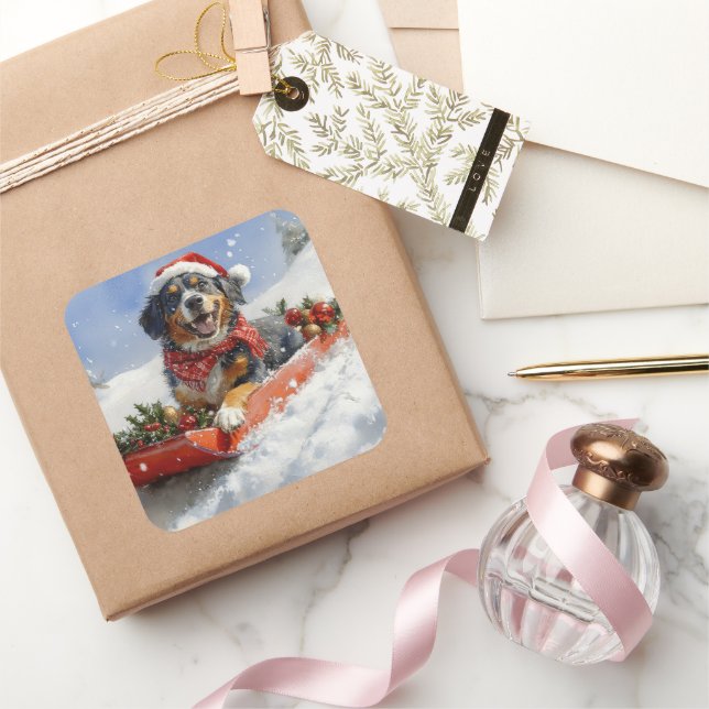 Bluetick Coonhound Dog in Sledge Christmas Square Sticker (Gifting)