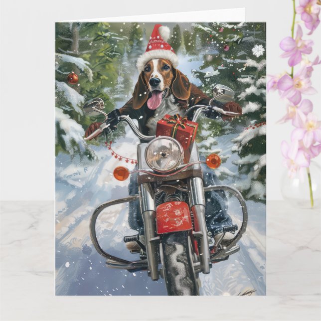 Bluetick Coonhound Dog Riding Motorcycle Christmas Card (Orchid)