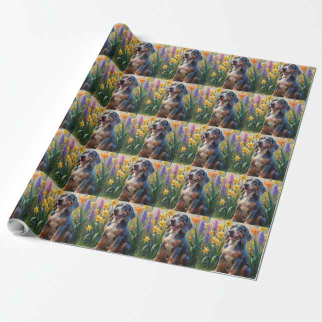 Bluetick Coonhound Dog Spring Flowers Painting Wrapping Paper (Unrolled)