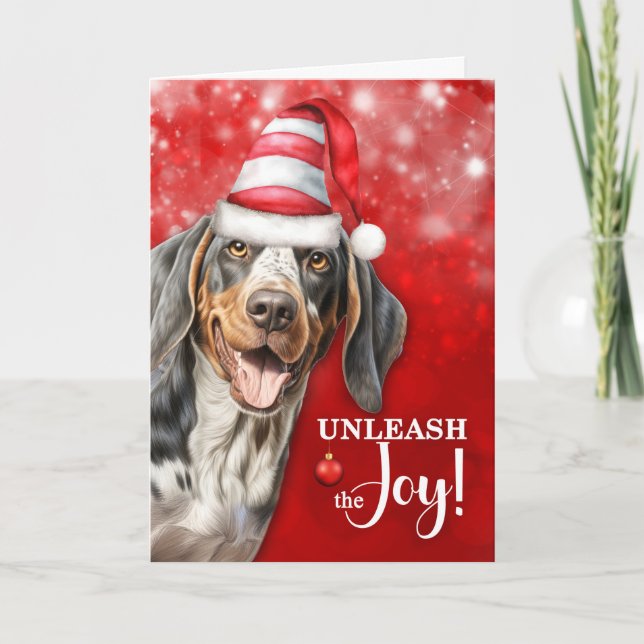Bluetick Coonhound Dog Unleash the Joy Christmas Holiday Card (Front)