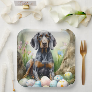 Bluetick Coonhound Dog with Easter Eggs Holiday  Paper Plate