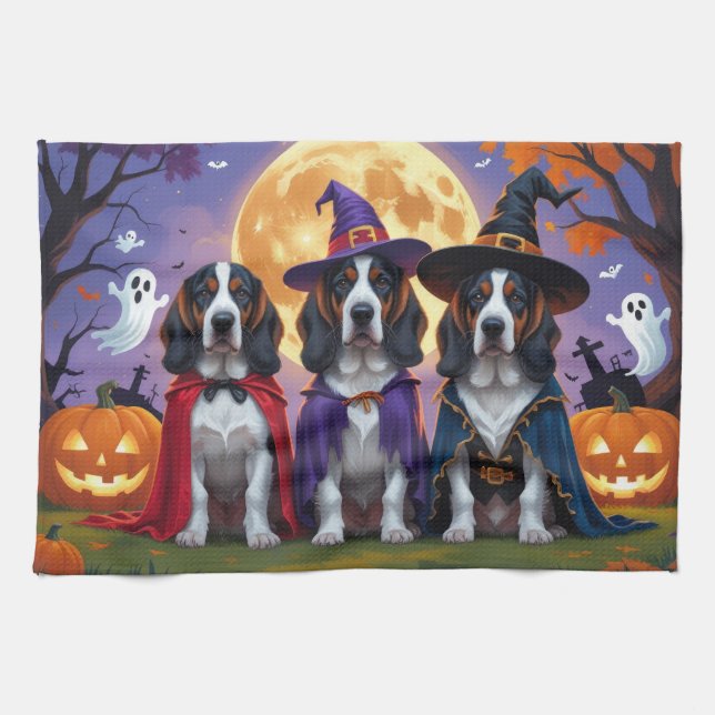 Bluetick Coonhound Dogs Pumpkin Halloween Funny Tea Towel (Horizontal)