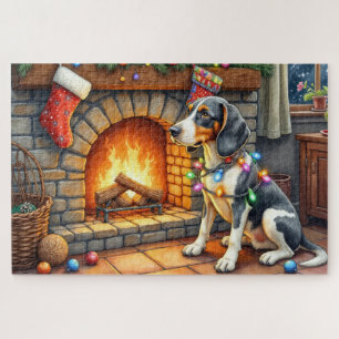 Bluetick Coonhound Fireplace with Christmas Lights Jigsaw Puzzle