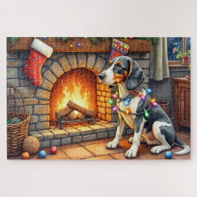 Bluetick Coonhound Fireplace with Christmas Lights Jigsaw Puzzle (Horizontal)