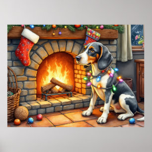 Bluetick Coonhound Fireplace with Christmas Lights Poster
