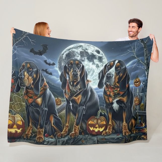 Bluetick Coonhound Halloween Spooky Fleece Blanket (In Situ)