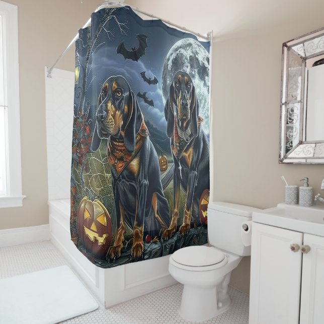 Bluetick Coonhound Halloween Spooky Shower Curtain (In Situ)