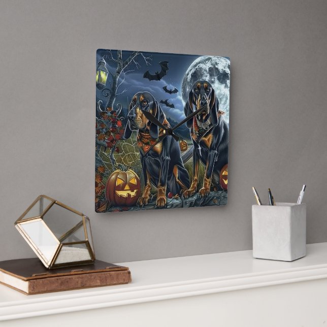 Bluetick Coonhound Halloween Spooky Square Wall Clock (Office)