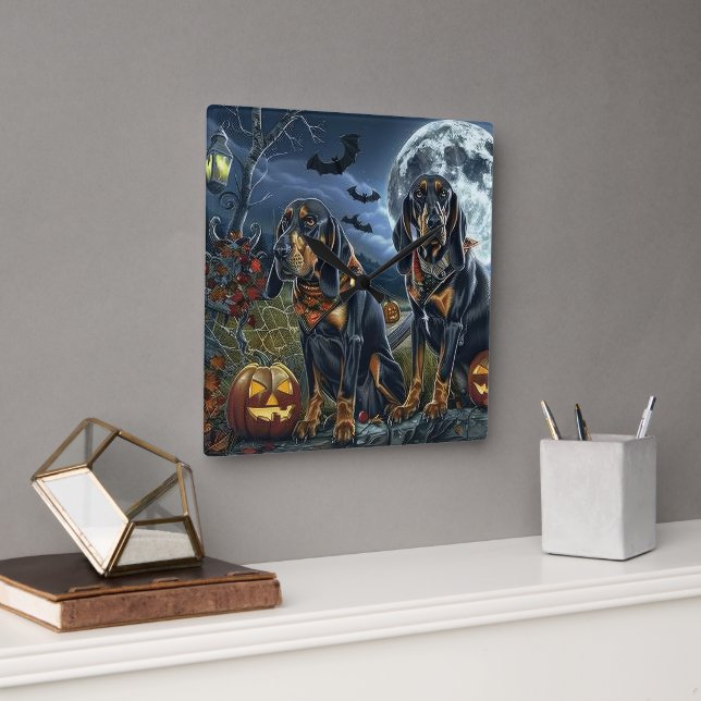 Bluetick Coonhound Halloween Spooky Square Wall Clock (Office)
