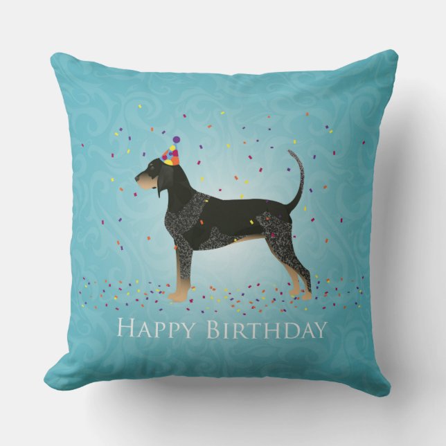Bluetick Coonhound Happy Birthday Design Cushion (Front)