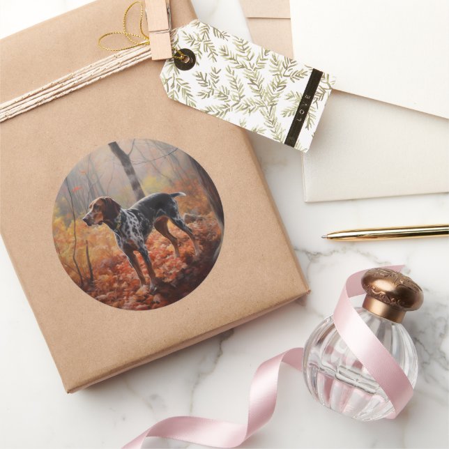 Bluetick Coonhound in Autumn Leaves Fall Inspire  Classic Round Sticker (Gifting)