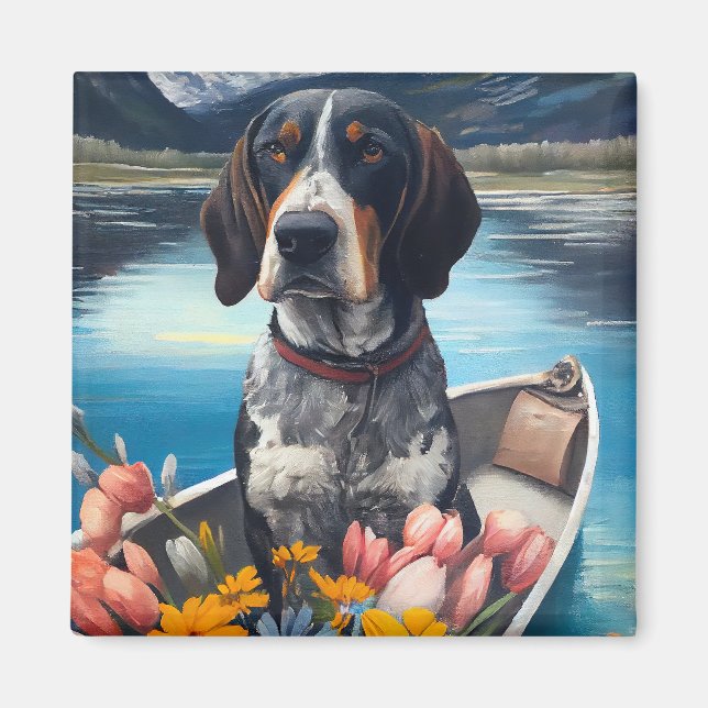 Bluetick Coonhound on a Paddle: A Scenic Adventure Magnet (Front)