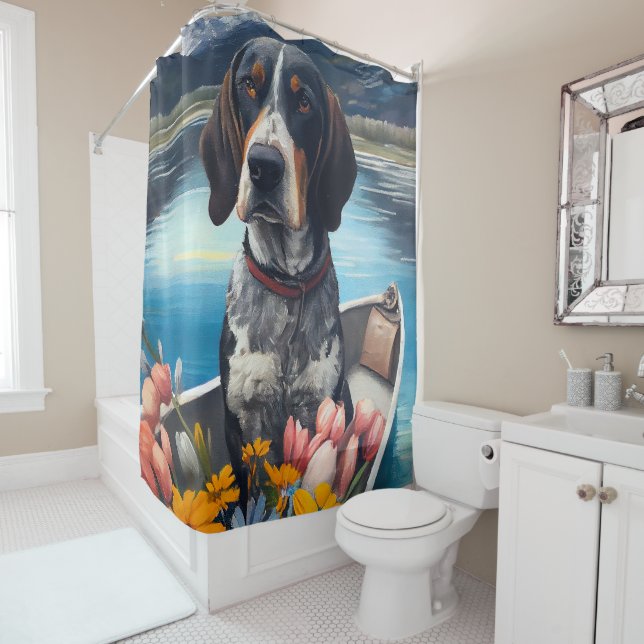 Bluetick Coonhound on a Paddle: A Scenic Adventure Shower Curtain (In Situ)