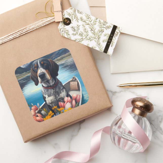 Bluetick Coonhound on a Paddle: A Scenic Adventure Square Sticker (Gifting)