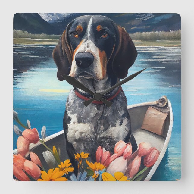 Bluetick Coonhound on a Paddle: A Scenic Adventure Square Wall Clock (Front)