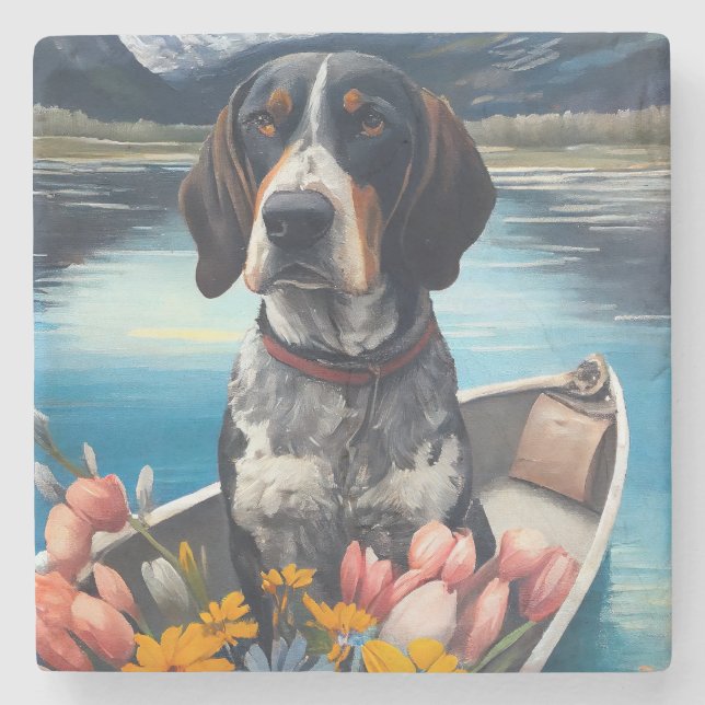 Bluetick Coonhound on a Paddle: A Scenic Adventure Stone Coaster (Front)