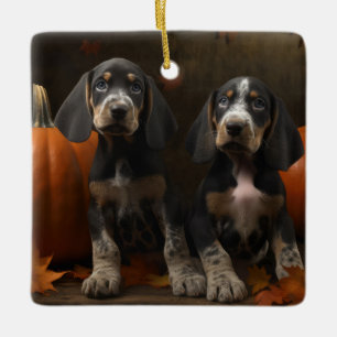 Bluetick Coonhound Puppy Autumn Delight Pumpkin  Ceramic Ornament