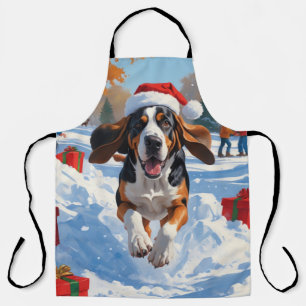 Bluetick Coonhound Running in Snow with Christmas  Apron