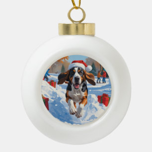 Bluetick Coonhound Running in Snow with Christmas  Ceramic Ball Christmas Ornament