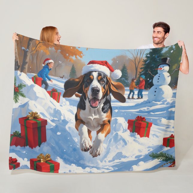 Bluetick Coonhound Running in Snow with Christmas  Fleece Blanket (In Situ)