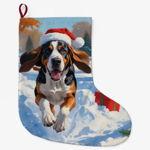 Bluetick Coonhound Running in Snow with Christmas Large Christmas Stocking