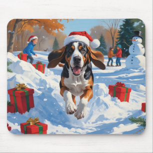 Bluetick Coonhound Running in Snow with Christmas Mouse Pad