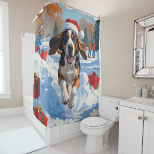 Bluetick Coonhound Running in Snow with Christmas  Shower Curtain