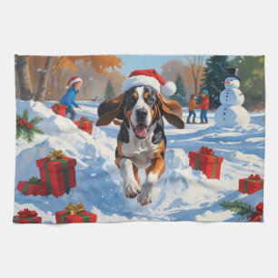 Bluetick Coonhound Running in Snow with Christmas Tea Towel