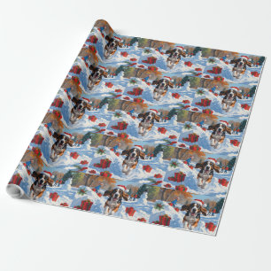 Bluetick Coonhound Running in Snow with Christmas Wrapping Paper