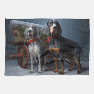 Bluetick Coonhound Snowy Sleigh Christmas Decor  Tea Towel